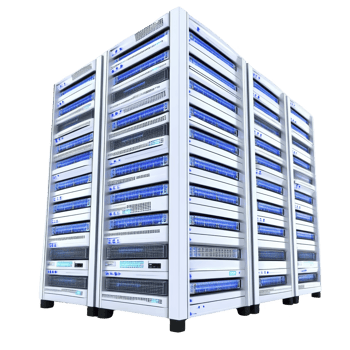 Large, modern server rack with multiple units is shown, featuring blue LED lights and sleek design, representing advanced data storage and computing technology png