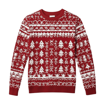 Red and white Christmas sweater with festive tree and snowflake patterns, perfect for holiday celebrations and cozy winter wear. knit design adds warmth and charm png