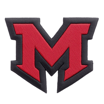 Bold red and black embroidered letter M patch with sharp, angular design, often used for varsity jackets or team uniforms. patch conveys sense of strength and team spirit png