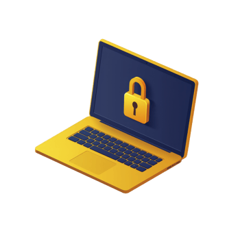 Yellow and blue laptop with lock icon on screen symbolizes cybersecurity and data protection. vibrant colors and 3D design convey modern, secure digital environment png