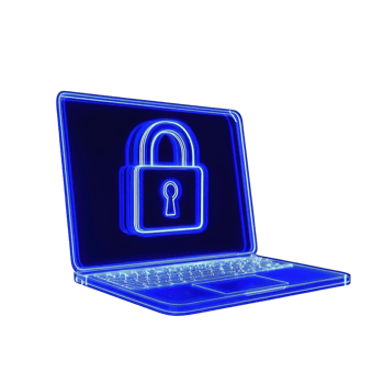 Glowing blue laptop with digital padlock symbol on screen represents cybersecurity and data protection. image conveys sense of security and technological advancement png