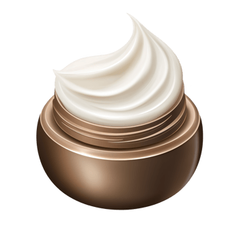 Luxurious, open jar of cream with smooth, white swirl, housed in elegant, metallic bronze container, suggesting skincare or cosmetic use png
