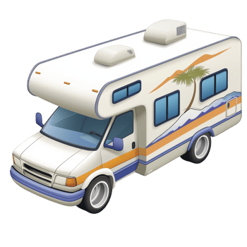 White recreational vehicle with colorful stripes and palm tree design is depicted, showcasing sense of adventure and travel. RV features large windows and rooftop vents png