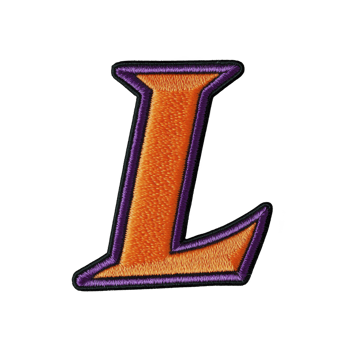 Image features embroidered letter L vibrant orange with purple outline, showcasing textured and colorful design. letter appears bold and stylized, suitable for decorative purposes.Orange png