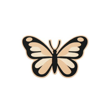 Stylized butterfly illustration with beige and black wings, featuring symmetrical patterns and minimalist design. butterfly is centered on plain background, highlighting its elegant form png