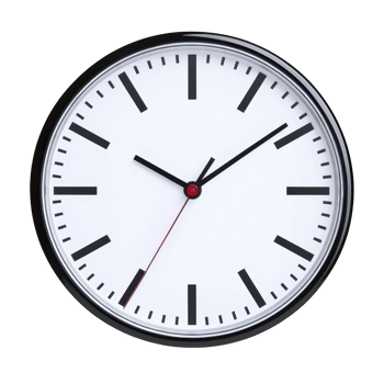 Round wall clock with white face and black hour and minute hands, featuring red second hand, displays minimalist design. clock is set against plain background png