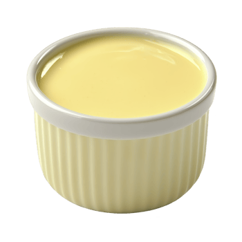 Small white ceramic ramekin filled with smooth, creamy custard, showcasing glossy surface. custard pale yellow color contrasts with white dish, creating inviting appearance png