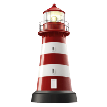 Red and white striped lighthouse stands tall with glowing light at top, symbolizing guidance and safety. structure is iconic and often found near coastlines png