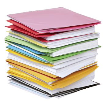 Stack of colorful folders and papers is neatly arranged, showcasing variety of vibrant colors including red, green, blue, yellow, and pink. image conveys organization and productivity png
