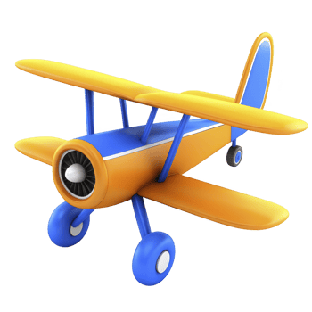 Colorful, cartoon style biplane with bright orange and blue colors, featuring propeller and two wings, evokes playful and adventurous spirit png
