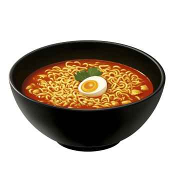 Steaming bowl of spicy ramen with noodles, topped with halved boiled egg and garnished with fresh herbs, served in sleek black bowl png