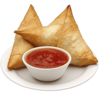 Crispy samosas on white plate with bowl of red sauce, perfect for delicious snack or appetizer. golden brown pastry is inviting and ready to be enjoyed png