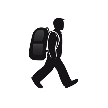 Silhouette of person walking with backpack, symbolizing travel or adventure. simple black and white design conveys movement and exploration png