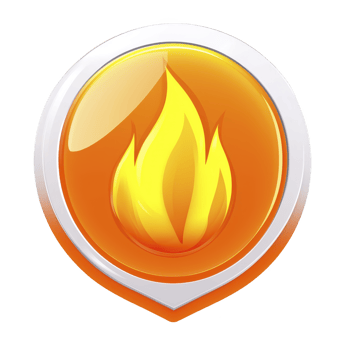 Vibrant orange and yellow flame icon with glossy finish, encased in silver border, symbolizing energy and warmth. design is modern and eye catching png