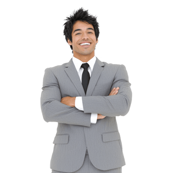 Confident man in gray suit stands with arms crossed, smiling broadly. His professional attire includes white shirt and black tie, conveying sense of success and positivity png