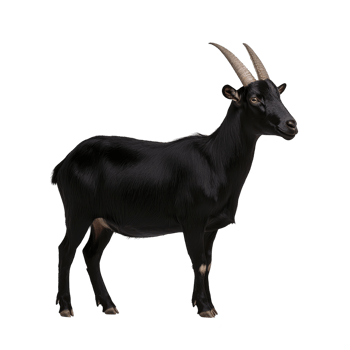 Black goat with prominent horns stands against plain background, showcasing its sleek coat and alert posture. image highlights animal natural elegance and strength png