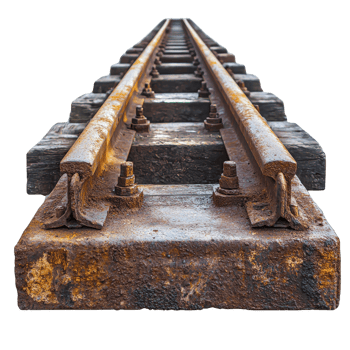 Rusty, weathered railway track stretches into distance, showcasing texture and decay of metal and wood. perspective emphasizes linearity and depth of scene png