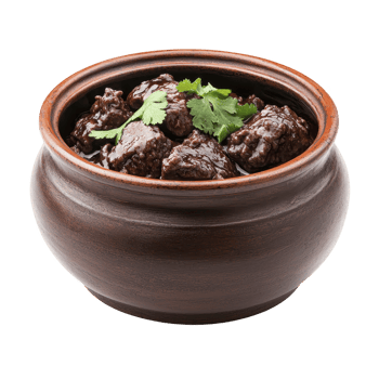 Rustic clay pot filled with rich, dark beef stew garnished with fresh cilantro, showcasing hearty and comforting meal. stew glossy texture and vibrant herbs add appetizing touch png
