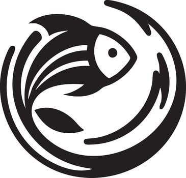 Abstract Stylized Fish Symbol Swirling Water Waves Circular Motion Black And White vector
