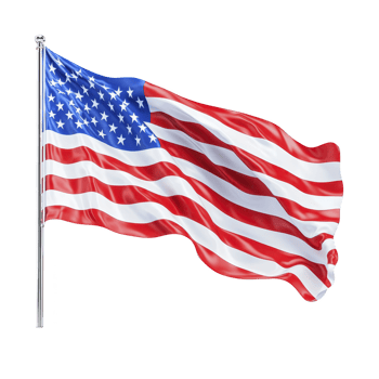 Image shows American flag waving in wind, featuring red and white stripes and white stars on blue field, symbolizing patriotism and national pride png
