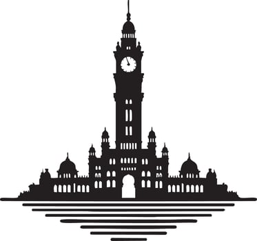 Majestic Silhouette of Historic Clock Tower Building Reflected in Water vector