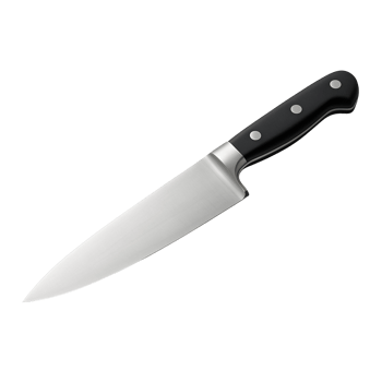 Sharp stainless steel chef knife with black handle isolated on transparent background png