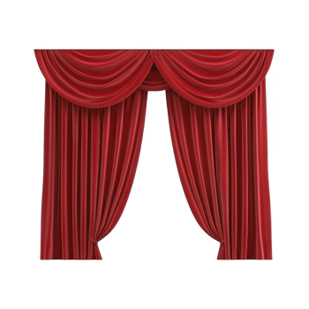 Red theater curtains with elegant draping create dramatic and classic stage entrance, evoking sense of anticipation and grandeur png