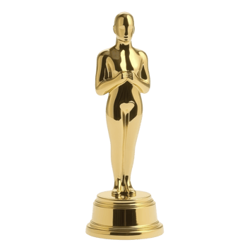 Golden statuette stands elegantly on round base, symbolizing achievement and recognition in film industry. shiny surface reflects light, adding sense of prestige png