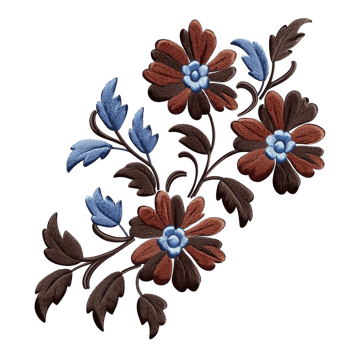 This features detailed embroidery design with red and blue flowers and leaves, showcasing intricate stitching and vintage aesthetic. floral pattern is elegant and artistic.embroidery design png
