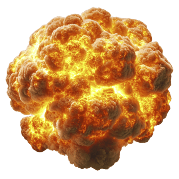 Fiery explosion with bright orange and yellow flames creates dramatic and intense visual impact. billowing smoke and fireball suggest powerful blast png