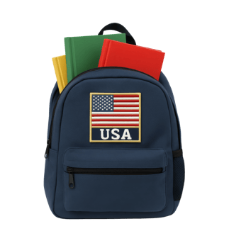 School backpack with USA patch and colorful books isolated on transparent background png
