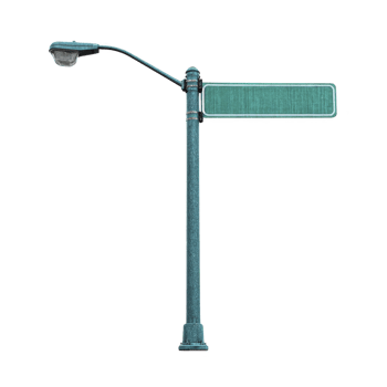 Tall street lamp with attached blank green street sign stands isolated against transparency background, evoking sense of urban simplicity png