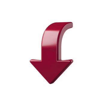 Shiny red 3D downward arrow with curved design, isolated on transparency background, symbolizing direction or navigation. arrow glossy finish adds modern touch png
