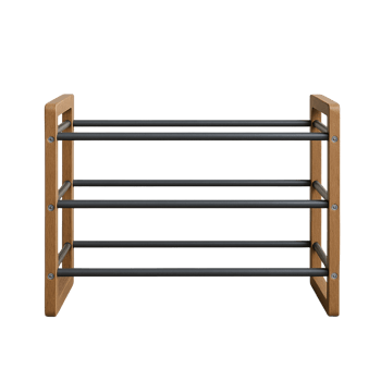 Modern wooden shoe rack with four metal shelves isolated on transparent background png