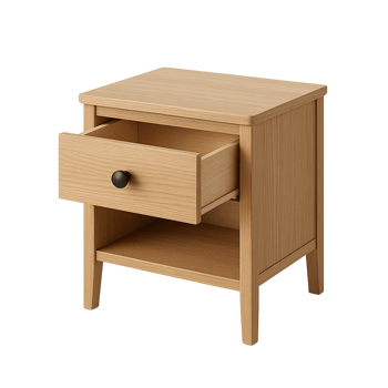 Modern oak wood nightstand with open drawer isolated on transparent background png