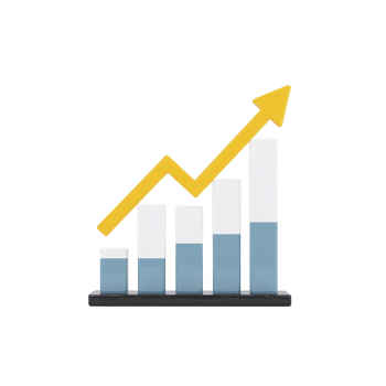 3D bar chart with yellow upward arrow represents growth and success in business analytics. bars are blue and white, indicating data progression png
