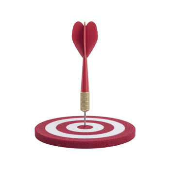 Red dart is perfectly hitting center of red and white target, symbolizing precision and success. dart red flights are heart shaped, adding unique touch to concept of achieving goals png