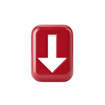 Glossy red button with white downward arrow symbol, representing download or decrease, is isolated on transparency background. button has modern, sleek design png
