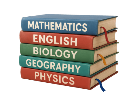 Stack of school books with subject titles isolated on transparent background png