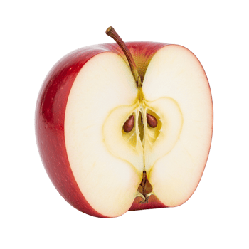 Half red apple with visible seeds and stem isolated on transparent background png