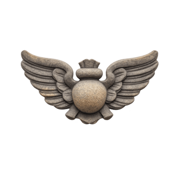 Stone sculpture of winged emblem with central circular element and intricate details, evoking sense of ancient artistry and craftsmanship png