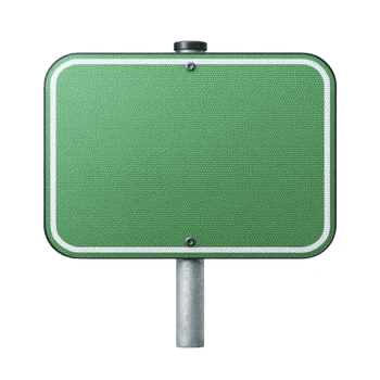 Blank green road sign with metallic post stands against transparency background, ready for customization. sign reflective surface is bordered by white outline, enhancing visibility png