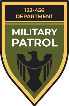 Military patrol department logo displaying a stylized eagle on a shield, incorporating a phone number and department name against a striking green and gold background vector
