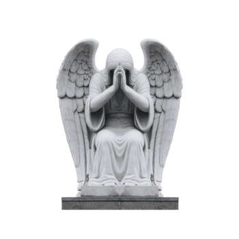 Sorrowful angel statue with wings sits on pedestal, hands covering its face, conveying sense of mourning and peace. detailed sculpture is made of white marble png
