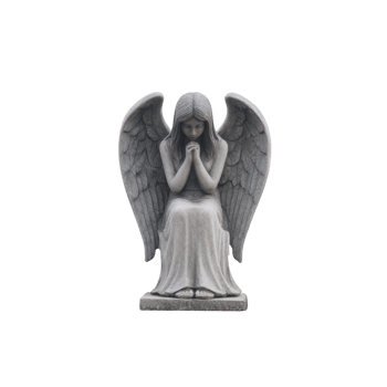 Serene stone angel statue with folded wings sits in prayerful pose, conveying peace and contemplation. detailed craftsmanship highlights angel gentle expression and flowing robes png