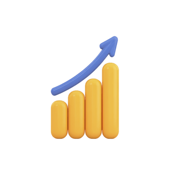 3D illustration of yellow bar chart with upward blue arrow symbolizes growth and success in business or finance. vibrant colors and simple design convey positive trend png