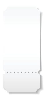 Blank white ticket with perforation casting shadow is isolated on white background, perfect for adding your own design, text, price, or other information vector