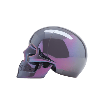 Reflective, iridescent skull sculpture with futuristic design, showcasing gradient of purple and blue hues. smooth, glossy surface adds modern and artistic touch png