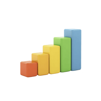 Colorful 3D bar graph with five ascending blocks orange, yellow, green, and blue, representing data growth or progress. vibrant design is ideal for business presentations or educational purposes png
