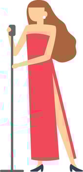 Female singer wearing an elegant red dress, holding a microphone and captivating the audience while performing live music during a vibrant concert or musical show vector
